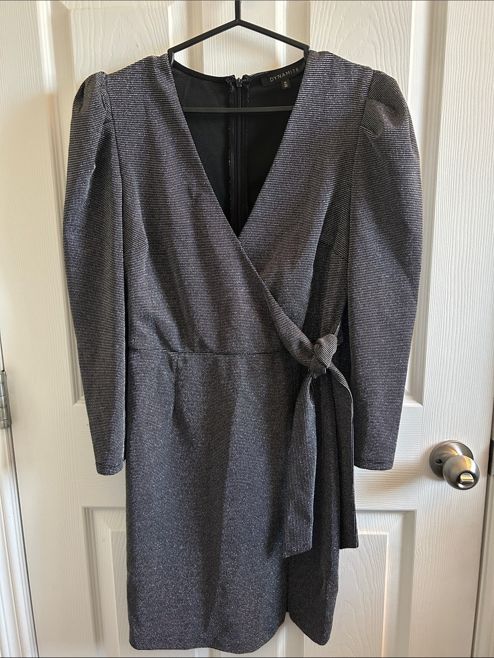 Dynamite Charcoal Wrap-Front Long Sleeve Tie Dress